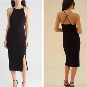 Rachel Parcell Black Slit Front Midi Dress Size Small NWT